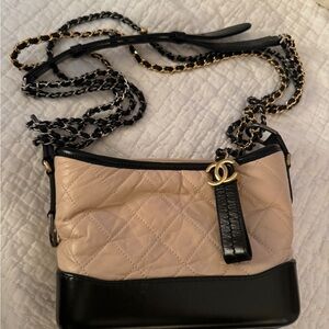 Chanel Aged Calfskin Quilted Small Gabrielle Hobo Beige Black